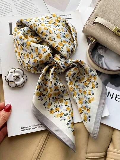 1pc Satin-Like Polyester Printed Slogan Casual Scarf For Women, Fashion Small Floral Pattern, Spring/Summer