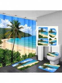 1pc/4pcs Tropical Seaside Beach Coconut Tree Printed Multifunctional Bathroom Decor Set, Includes Shower Curtain 12 Hooks, Anti-Slip Mat, U-Shaped Mat & Round Toilet Cover, For Whole Bathroom Back To School