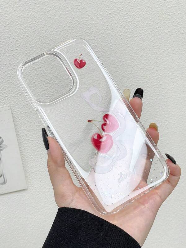 1pc Textured Clear Shiny Acrylic Resin Cherry Design 2-In-1 Phone Case Suitable For IPhone 11/12/13/14/15 Pro Max