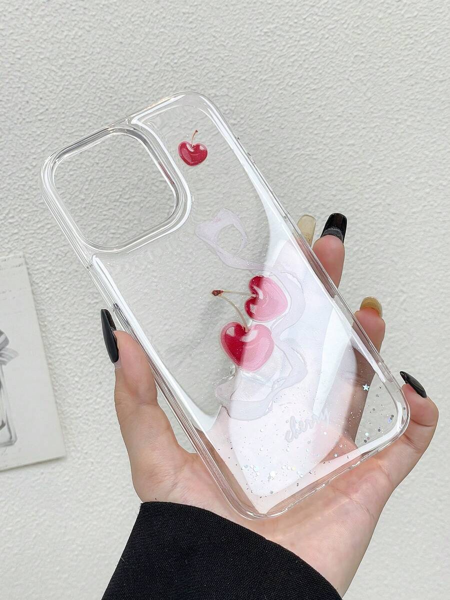 1 carcasă de telefon 2 în 1, texturată, transparentă, strălucitoare, cu design de cireșe, compatibilă cu 11/12/13/14/15 Pro Max