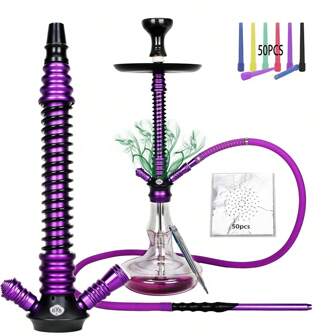 1 pieza Conjunto de shisha grande de aleación de aluminio con 50 piezas de papel de aluminio, 50 piezas de boquillas desechables largas, manguera de silicona, mango de aleación de aluminio, manga protectora de resorte, pinza, tazón cerámico, vaso de vidrio soplado a mano con esmalte de colores