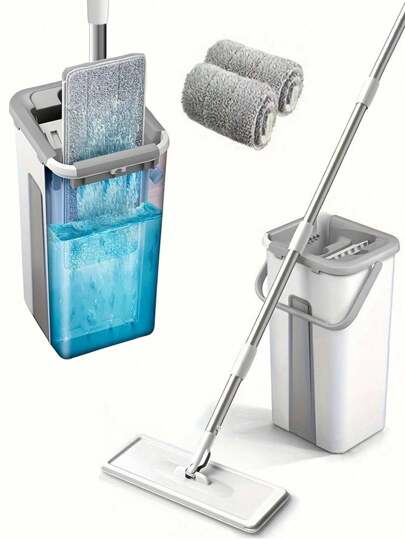 1 Set, Cubeta de fregona de piso plana con 2 almohadillas de microfibra, cubeta de limpieza autoestrujable para pisos húmedos y secos, para limpiar pisos de laminado, madera dura y baldosas, color blanco
