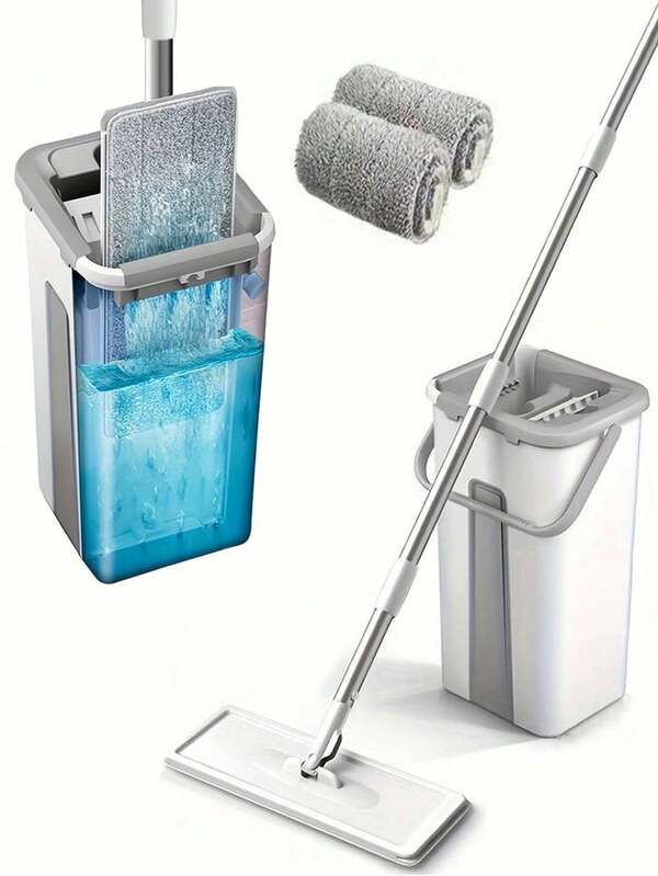 1 Set, Cubeta de fregona de piso plana con 2 almohadillas de microfibra, cubeta de limpieza autoestrujable para pisos húmedos y secos, para limpiar pisos de laminado, madera dura y baldosas, color blanco