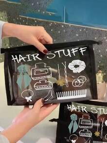 Large Capacity Black Mesh Makeup Bag - Lightweight, Portable Cosmetic Organizer For Travel & Toiletries, Toiletry Travel Bag,1pc Patterns Mesh Nylon Pattern Women's Portable Makeup Bag Make Up Bag - Black - View 10