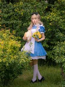 1 pieza Vestido de Lolita estilo campestre, dulce y juvenil con diadema negra, adecuado para fotografía, cosplay y disfraz de sirvienta anime