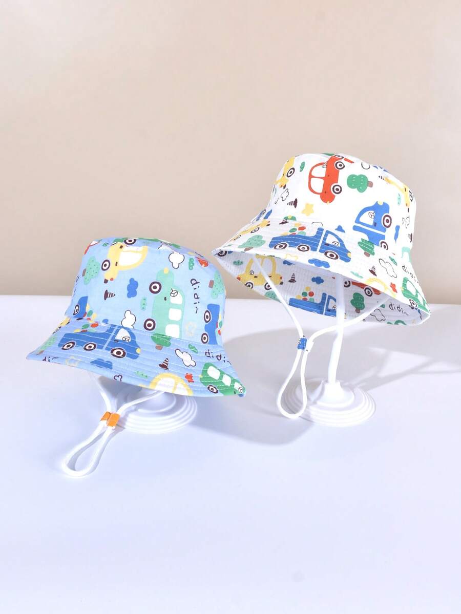 1pc Kids Cartoon Car Print Versatile Outdoor Sunshade Fishing Hat, Spring/Summer - Car - View 1