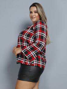Women's Plaid Shirt Plus Size  Blouse Long Sleeve GG G1 G2 G3 - Vermelho Novo - View 2