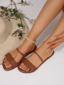 2025夏季新款女鞋女士时尚平底凉鞋编织面两带平底凉鞋度假风休闲户外沙滩凉鞋拖鞋舒适大码露趾拖鞋一脚蹬平底鞋