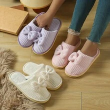 Zapatillas de casa tipo slip-on con lazo y diseño de rayas, cómodas para usar en primavera, otoño e invierno - Caqui - Ver 3
