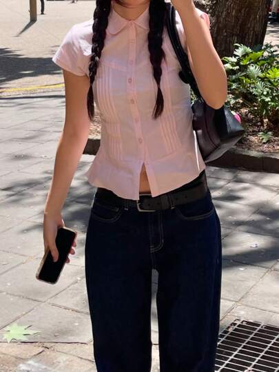 Sweet Casual Short Sleeve Blouses Turndown Collar Shirring Buttons Cute Girl's Shirts Gentle Spring Summer All-Matched Slim Fit Crop Tops