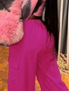 Pantalones cargo para mujer, holgados, con cordón y cintura elástica, pantalones de paracaídas Y2K, pantalones de pierna ancha - Rosa Roja - Ver 3