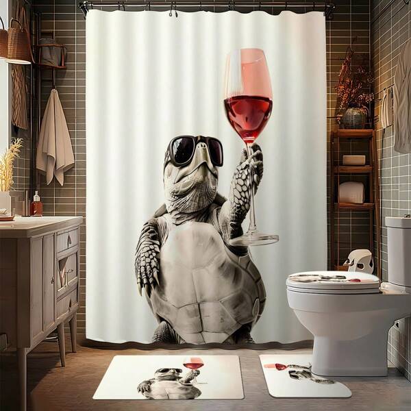 1/4pcs Turtle Themed Bathroom Set Including Shower Curtain, Bath Mat, U-Shaped Toilet Lid Cover, Waterproof Shower Curtain, Bathroom Decorative Accessories, Modern Style Bathroom Curtain, Hanging Hooks No Drilling Required, Washable Polyester Bathroom Accessories Back To School