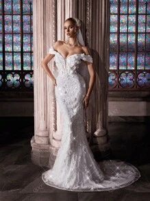 QOQ Vestido de novia romántico de alta gama para bodas de verano, vestido formal de mujer para bodas dulces, fiestas de moda, bodas al aire libre. Vestido de novia blanco con hombros descubiertos y sin tirantes con encaje