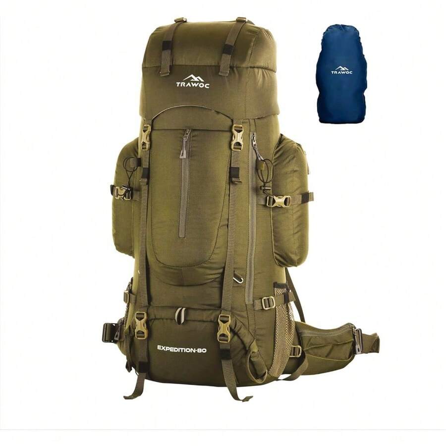 80L Travel Backpack Camping Hiking Rucksack Trekking Bag For Men & Women With Water Proof Rain Cover/Shoe Compartment BHK001 - Olivegreen - View 1