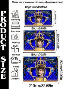 1pc Customizable Name Photo Polyester Crown Birthday Party Backdrop - Personalized Majestic Blue And Gold Design With Beautiful Gold Lettering, Indoor/Outdoor Garden Decorations, Reusable Cake Table Banner Suitable For All Birthdays, Birthday Party Decorations | Gold Engraved Decorations | Elegant Party Accessories, Birthday Party Decorations In 3 Sizes