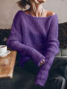 VIBEWAVE 性感宽松露肩镂空轻薄长袖毛衣，适合女士，休闲优雅，适合日常穿着和度假 - 紫色 - 查看 3