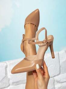1 Pair Plain Color Commuter PU Leather Buckle Apricot Shoes For Women, Suitable For Party, All Season