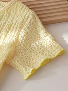 Young Girl Summer Solid Color Textured Front Button Short Sleeve Blouse