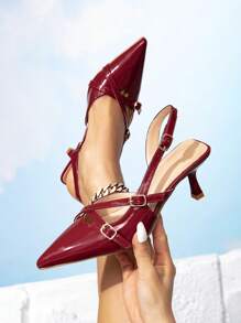 1 Pair Red Solid Color PU Leather Adjustable Buckle Medium Heel 6cm Women Shoes, For Party And All Season