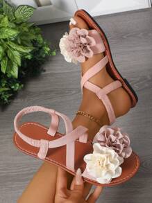1 par de sandalias planas con tira de tobillo, decoración de flores, de verano, ligeras y casuales para adolescentes