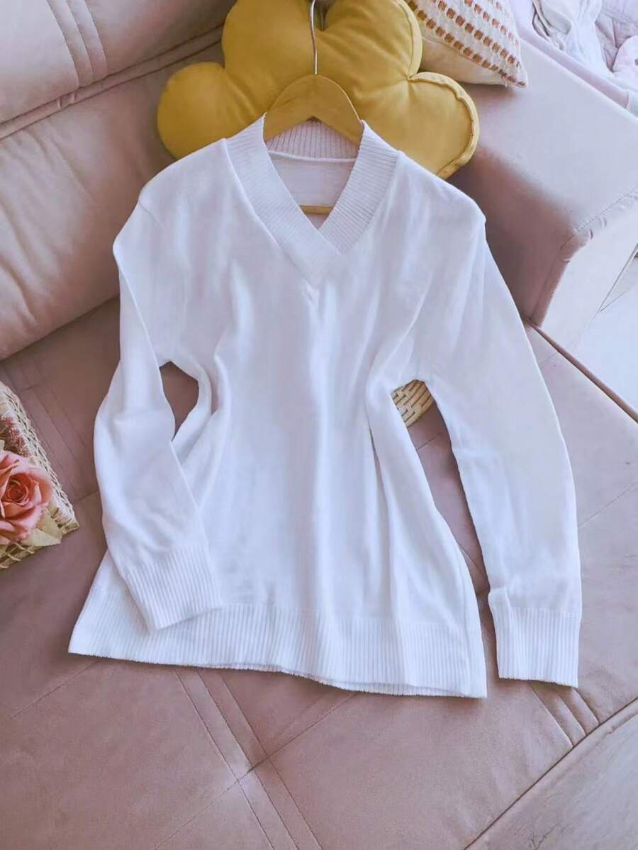 V Neck Plus Size Basic Long Sleeve Winter Knit Top Women Fashion - 白色 - 查看 1
