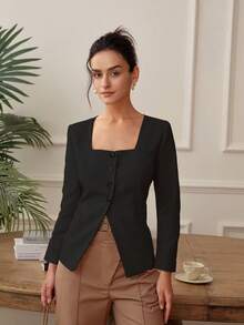 Áo khoác Blazer cổ vuông thắt eo màu trơn đa năng cho nữ khi đi làm - màu đen - Xem 4