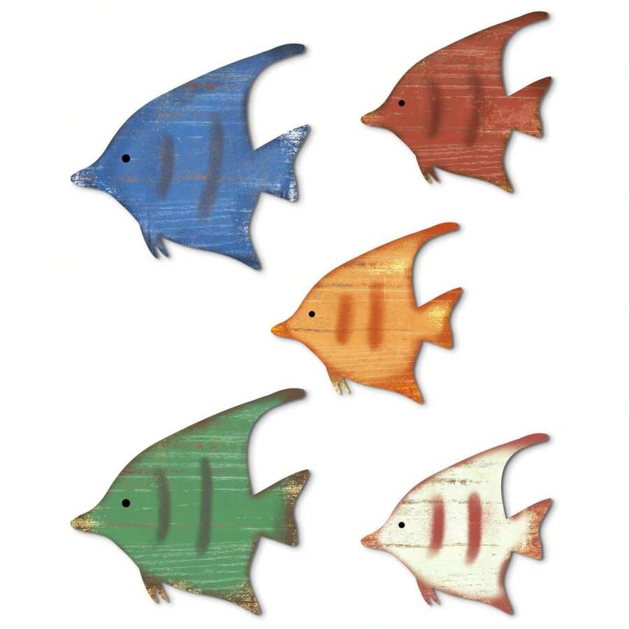 5 件木制热带鱼墙饰海滩航海沿海鱼壁雕木质鱼群墙饰挂件湖景房屋海洋装饰复古家居浴室卧室装饰品 - 彩色 - 查看 1