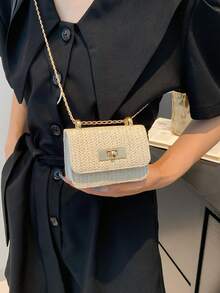 Mini Square Bag New Design Women's Handbag, Quilted Diamond Pattern High-Quality Shoulder Bag, Braided Chain Flap Cover Small Bag, Cute Crossbody Purse Accessory - Beige - View 3