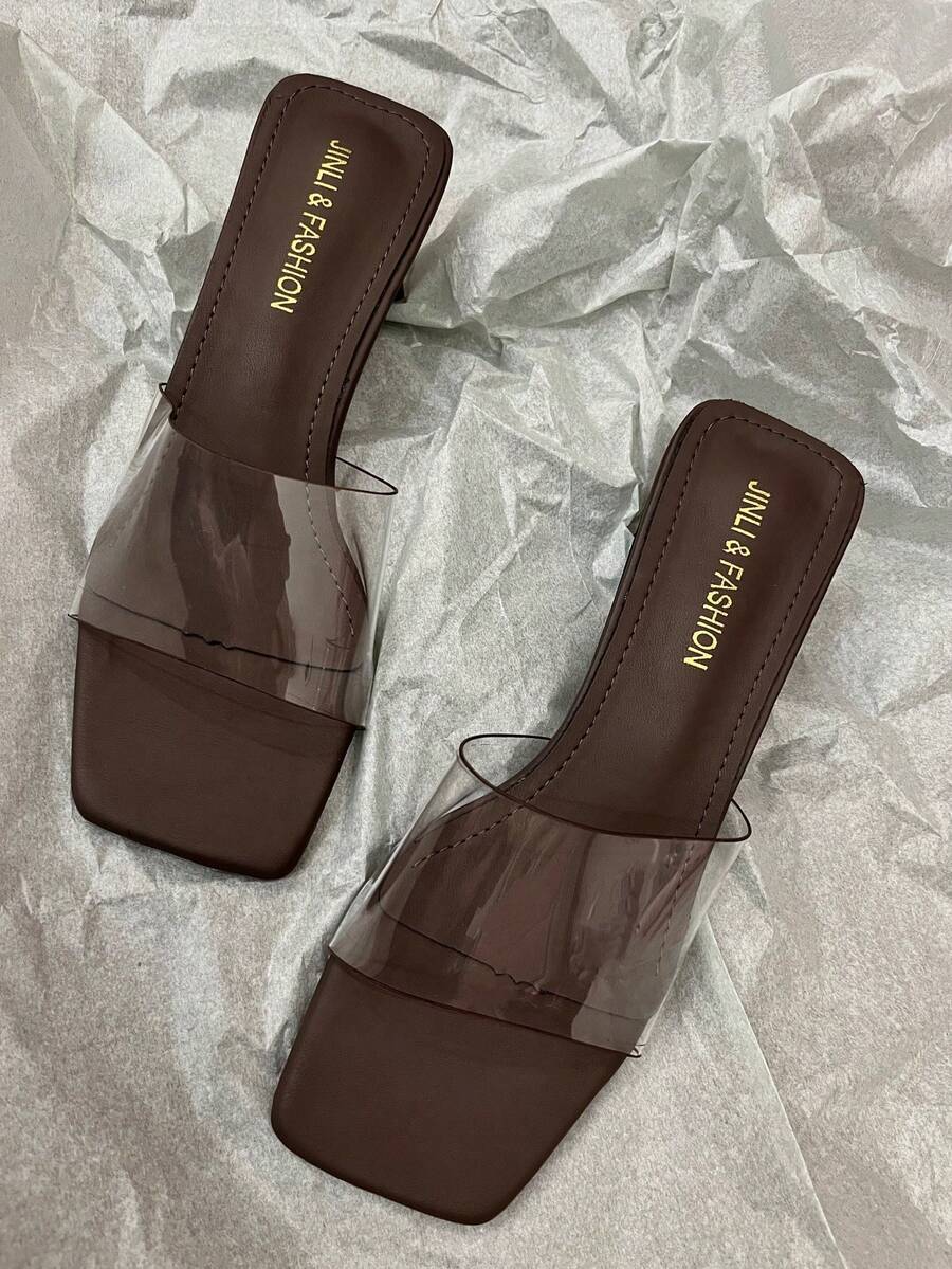 2025 新款优质纯色经典粗跟透明女士凉鞋，夏季户外穿着 - 咖啡棕 - 查看 1