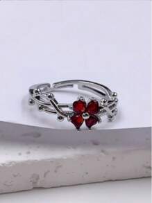 1 pieza Anillo abierto de acero inoxidable con trébol de cuatro hojas púrpura y circonita, anillo de nicho de alta gama con delicada sensación premium