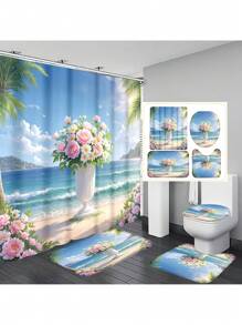 1pc/4pcs Marine Beach Flower Arch Print Multifunctional Bathroom Shower Curtain Set With 12 Hooks, Anti-Slip Bath Mat, U-Shape Toilet Mat, Round Toilet Lid Cover, Full Bathroom Set For All Scenarios Bathroom Accessories Back To School