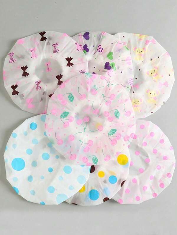 1/5/10pcs (Random Style) Adorable Shower Caps, Waterproof Bath Caps Plastic Reusable Shower Caps Elastic Band Bath Hair Hat For Girl & Baby Floral Pattern Shower Cap Reusable PEVA Shower Cap, Cherry Print Elastic Waterproof High Multifunctional Bathing Caps For Bathroom