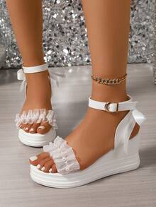 时尚波西米亚铆钉珍珠装饰坡跟凉鞋