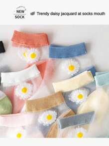 10 Pares (Cor Aleatória) Meias de Seda com Padrão Margarida Femininas Novas, Meias Casuais de Verão Transparentes e Respiráveis na Altura do Tornozelo, Fashionistas