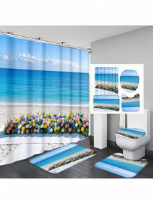 1pc/4pcs Marine Beach Flower Arch Print Multifunctional Bathroom Shower Curtain Set With 12 Hooks, Anti-Slip Bath Mat, U-Shape Toilet Mat, Round Toilet Lid Cover, Full Bathroom Set For All Scenarios Bathroom Accessories Back To School