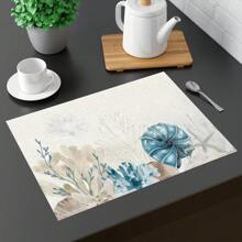 1/4/6/8/12 Pcs Linen Dining Table Placemats, Washable Ocean Seashell Printed Table Mats, Surface Protective Pads, Indoor Outdoor Dining Table Decor, Suitable For Holiday Parties & Kitchen