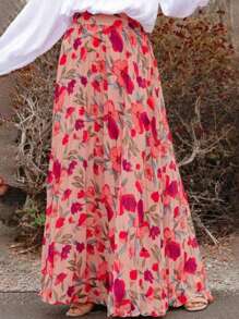 Plus Size Women's Chiffon Floral Print High Waist Loose Fit Maxi Skirt, Elegant Casual Summer Beach Holiday