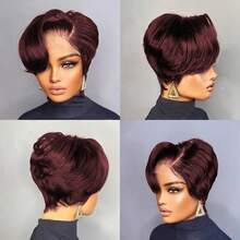 13x4x1 T-Part Lace Front Short Wig, Human Hair Texture, Pixie Cut, Suitable For Daily Wear, Available In Black, Chocolate Brown, 99J Wine Red, Side Bangs Lace Front Short Wig - Multicolor - View 7