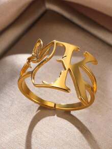 1 Miếng Của phụ nữ Thép không gỉ Vàng Màu sắc Kiểu Mỹ Xu hướng: Cắt giảm & 26 Tiếng Anh Mở Nhẫn , Thời trang Phụ kiện Đối với Sử dụng hàng ngày - Vàng - Xem 3