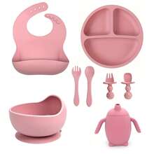 8 Pieces Per Set - Baby Silicone Tableware Set For Complementary Feeding: Plates, Bib, Bowls, Spoons And Forks, Penguin Water Cup - Dark Pink - View 9
