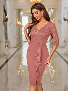 MIUSOL V-Neck Sequin Floral Lace Ruffle Hem Cocktail Dress, Formal Gown For Wedding Events, Prom, Birthday, Graduation Ceremony, Dinner Party - Dusty Pink - View 7