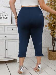 Plus Size Women's Button Decorated Elastic Waist Skinny 7/8 Pants, Solid Color Casual Leggings