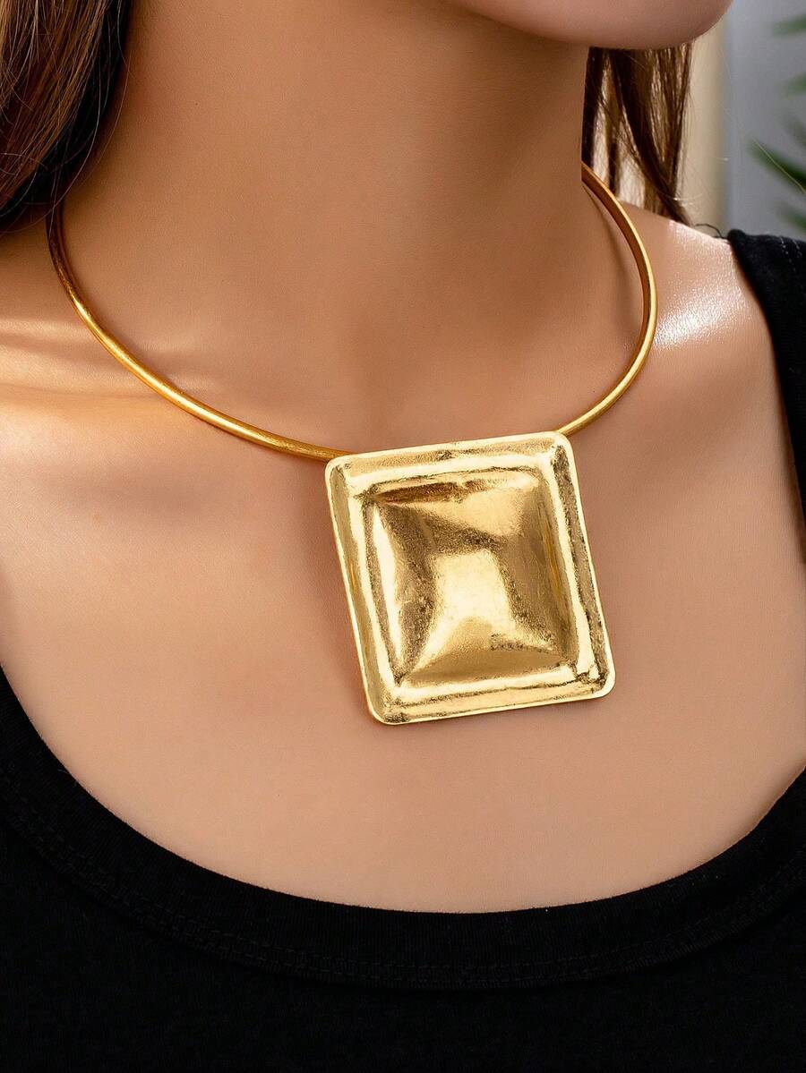 1 Pc Golden Color Square Geometric Cuff Choker Necklace Chunky Statement Necklaces Women Jewelry - Gold - View 1