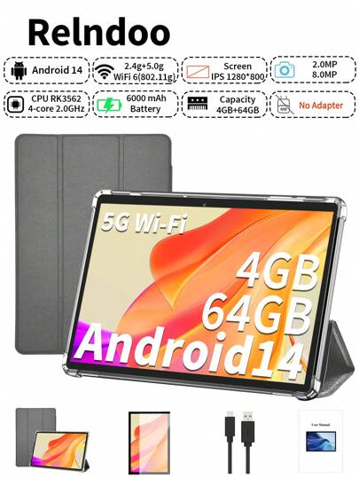 Relndoo 2025年最新 10.1インチ Android タブレット、ケース付き
