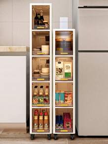 1pc 20cm/7.8" Wide Slim Slide Out Storage Cabinet, 3-5 Tiers Flip Top Storage Cart, Thick Plastic With Casters, Toy & Snack Organizer Rack For Living Room, Clothes Storage Cabinet, Dust-Proof Shelf