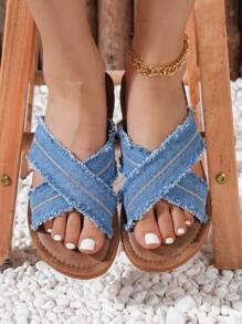 حذاء سيدات بحزام منسوج أزرق مع سلسلة ثقب وتزيين شرشوب، نعل صنادل عرضي مناسب للتنسيق مع الفساتين للذهاب إلى الشاطئ وحفلات العطلات أو الارتداء اليومي داخليا وخارجيا، نعل سيدات شبشب بتصميم أزياء عصري، خفيف الوزن ومريح، قابل للتهوية سهل الارتداء والحمل لأحذية عطلة الصيف / عودة المدرسة للطلاب الجامعيين / أحذية الربيع / أحذية عيد الفصح / أحذية كاجوال شاطئية