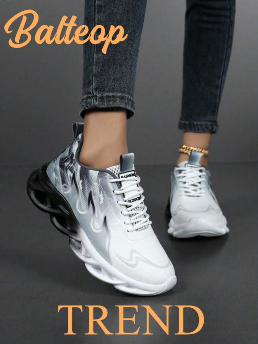 BALTEOP Women's Lightweight Breathable Digital Print Color Block Lace Up Fabric Sneakers With Herringbone Sole