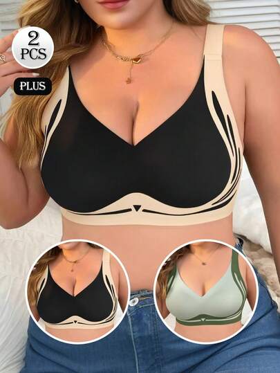 2pcs Plus Size Wireless Bras, Green & Black, Adjustable Hook & Eye Closure, Comfortable & Breathable, Suitable For Sports & Yoga