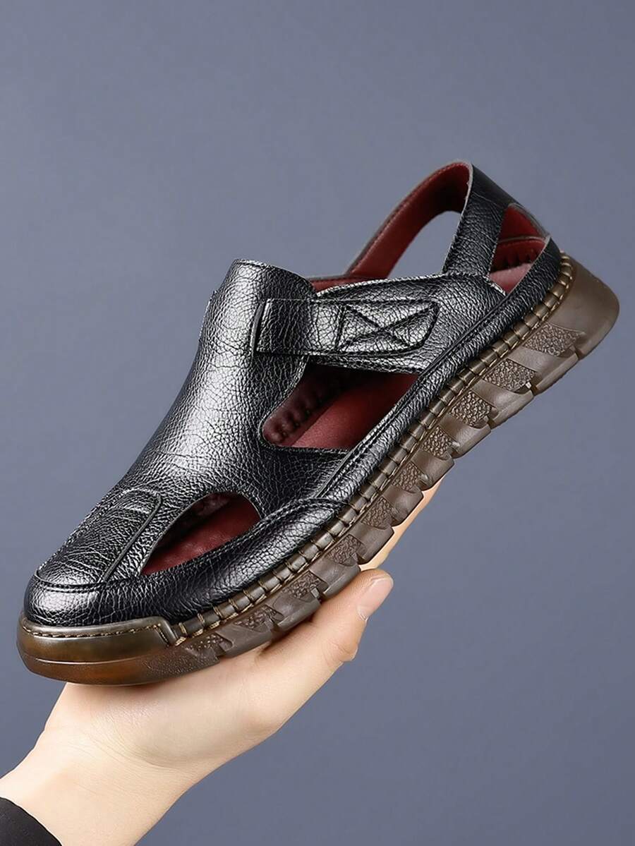 Nuevas sandalias de hombre diseño de red transpirable, chanclas de playa casuales de verano talla grande - Negro - Ver 1