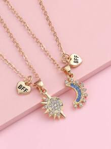 2pcs Zinc Alloy Bling Sun & Moon Design Necklace Set For Girls, With BFF Pendant, Suitable For Friendship Matching Everyday Wear
